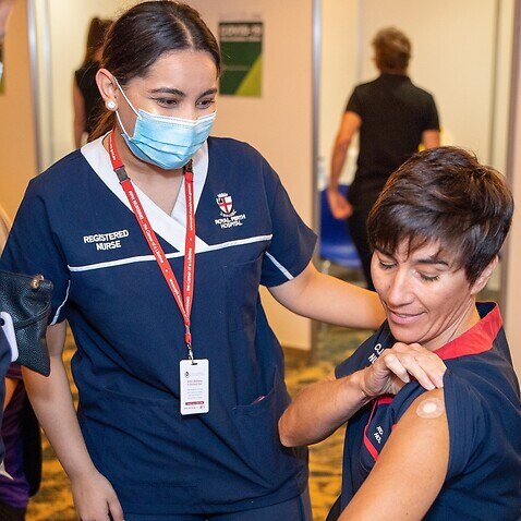 Nurse Antonia Garza has just received the Pfizer coronavirus vaccine in Perth 