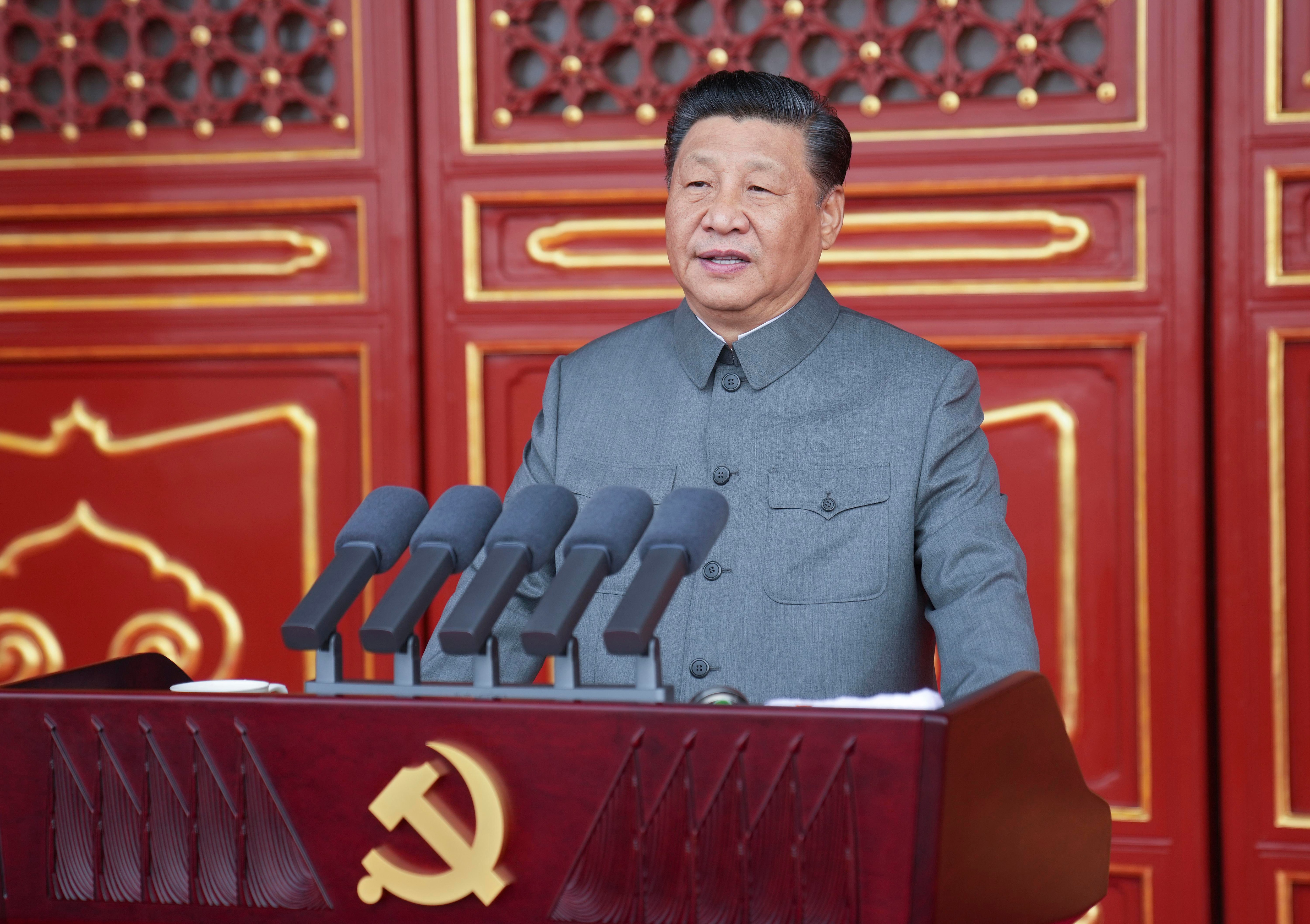 Chinese President and party leader Xi Jinping delivers a speech at a ceremony marking the centenary of the ruling Communist Party in Beijing.