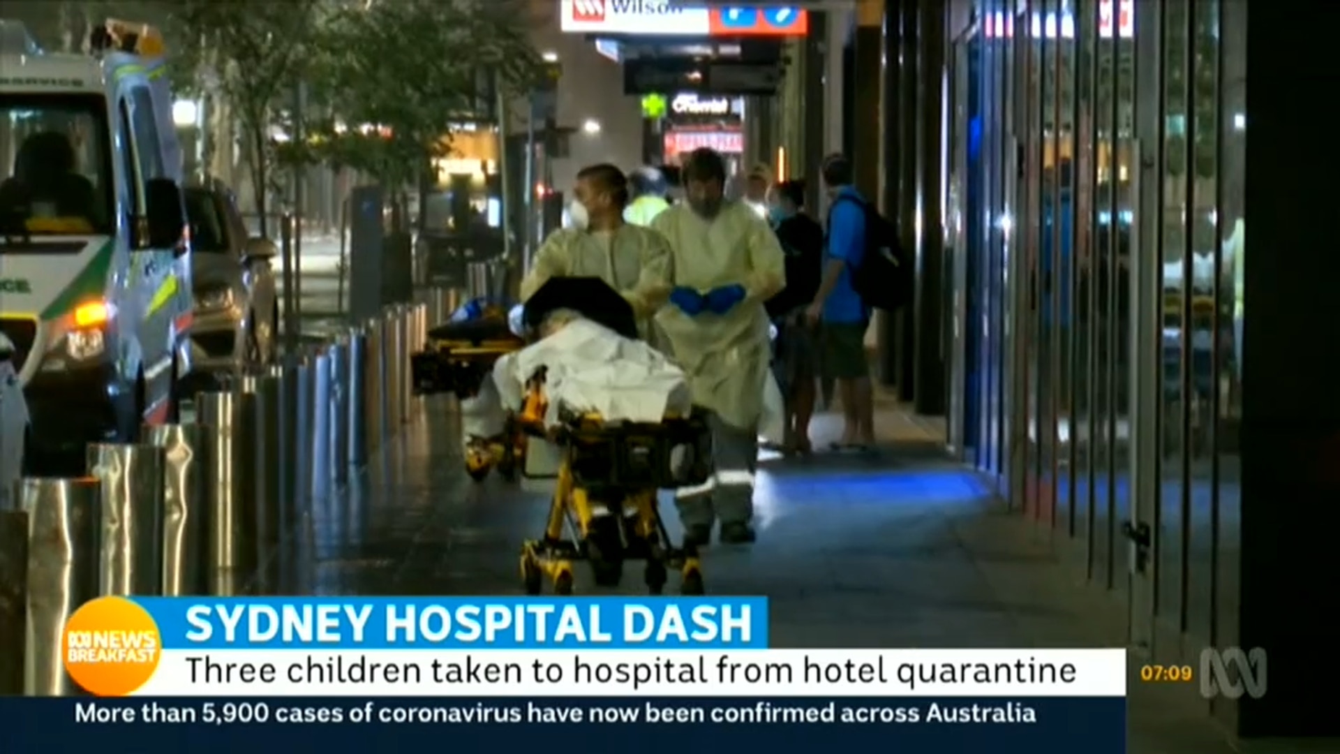 Vision shot by the ABC shows a child on a stretcher outside the Hilton Hotel (ABC)