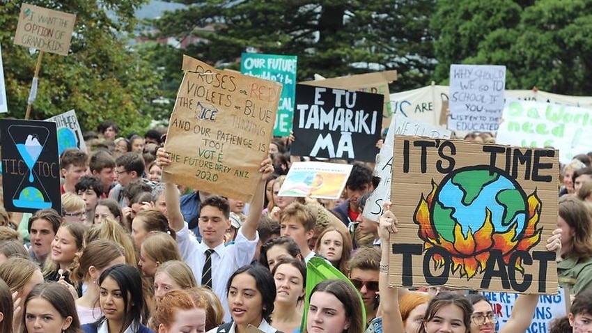 Students outside New Zealand's parliament in Wellington.