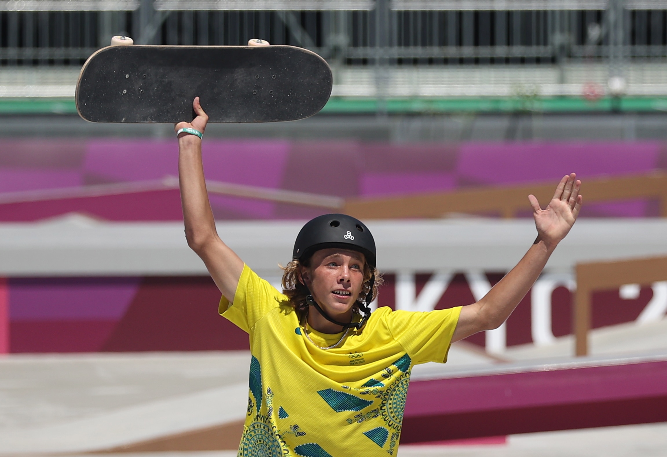 Keegan Palmer of Australia reacts after winning the Men's Park Skateboarding Finals at the Tokyo 2020 Olympic Games.