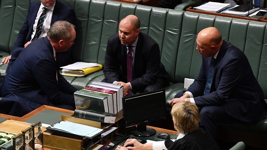 Deputy Prime Minister Barnaby Joyce, Treasurer Josh Frydenberg and Minister for Defence Peter Dutton during Question Time.