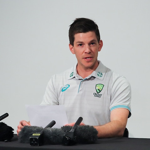 Tim Paine speaks to the media during a press conference at Bellerive Oval in Hobart, Tasmania.