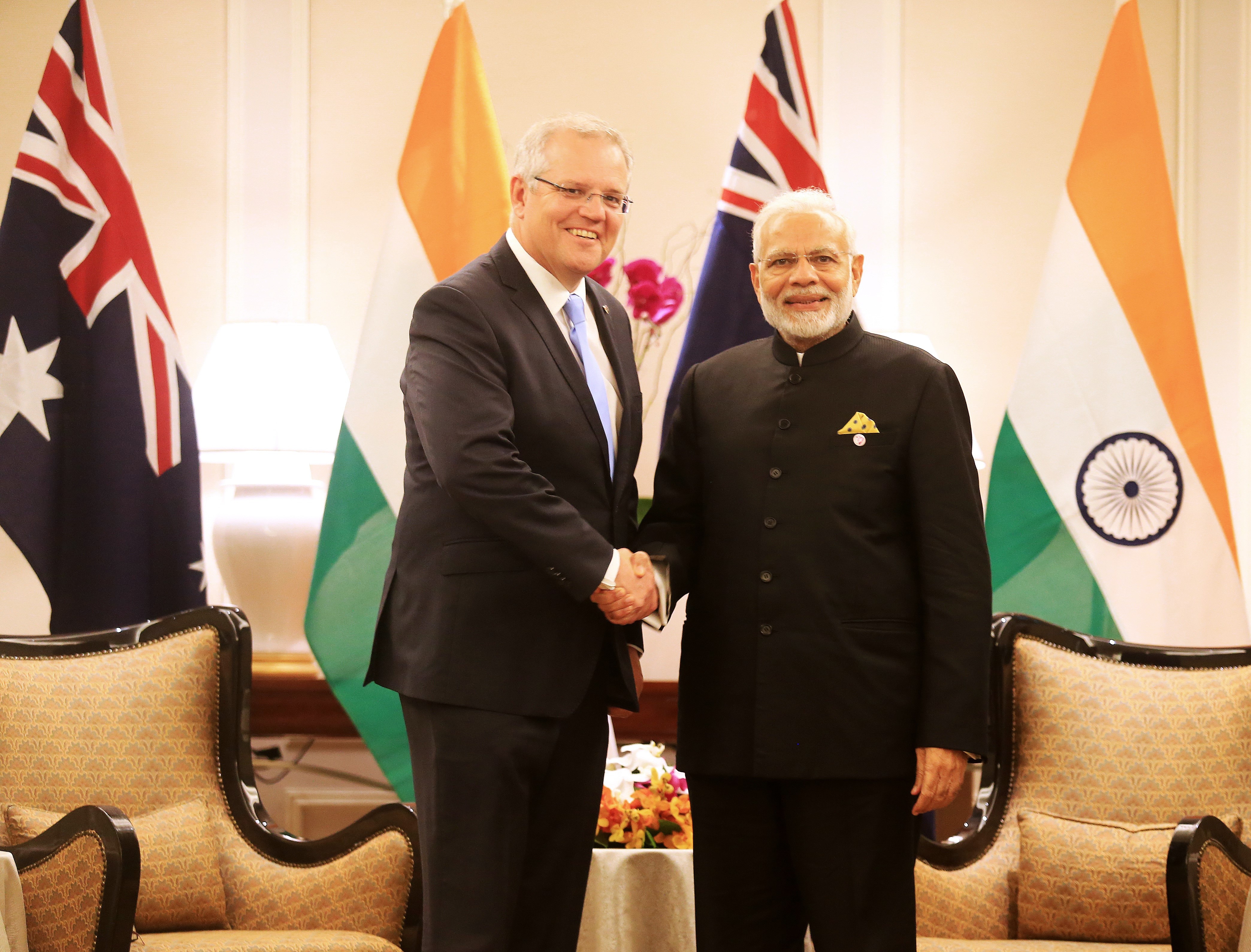 Scott Morrison with Indian Prime Minister Narendra Modi at a previous meeting in Singapore. 