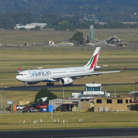 SriLankan Airlines flight UL604 is seen taxing at Tullamarine Airport after landing in Melbourne, Monday, 7 December, 2020. 