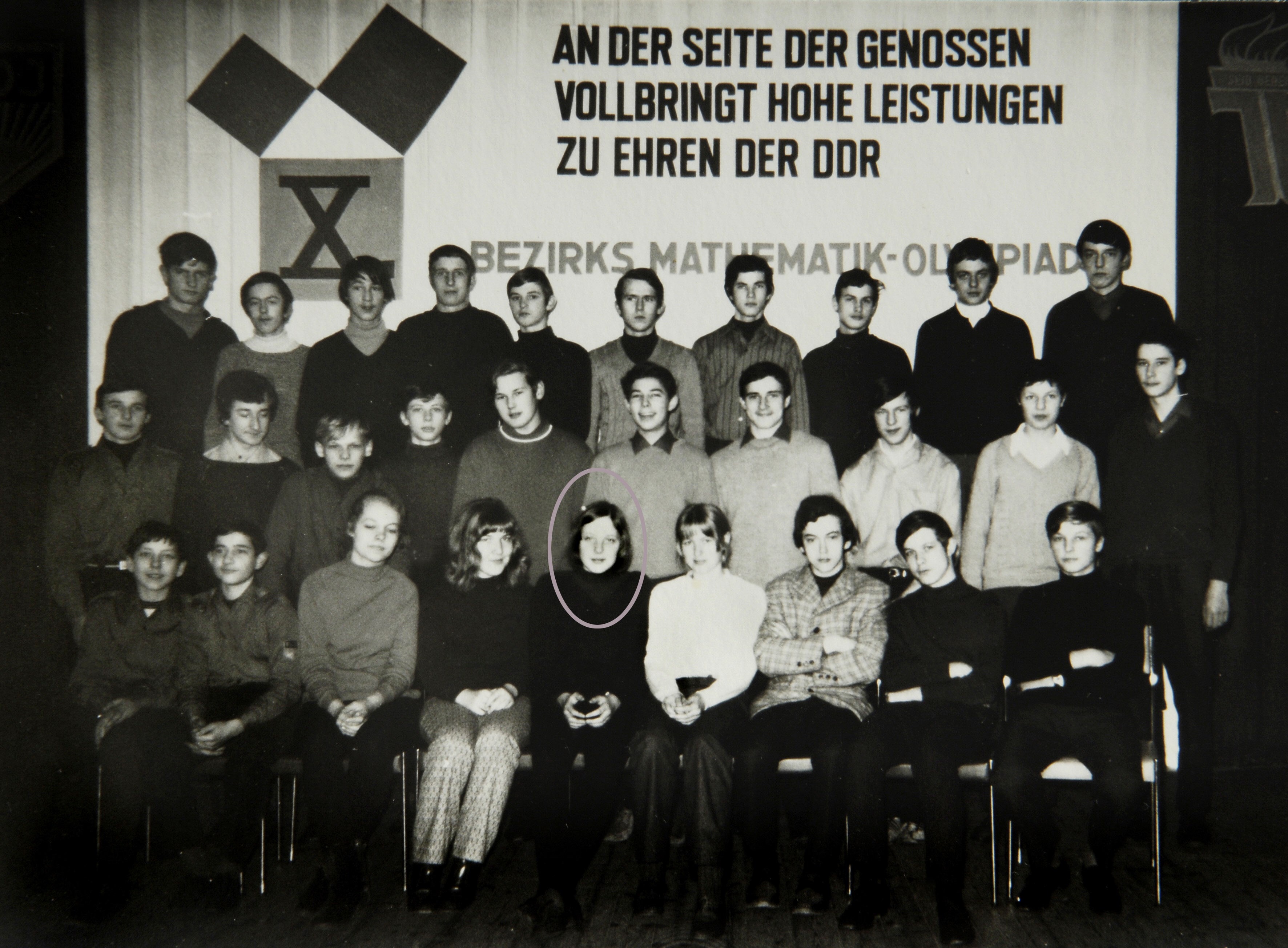 Angela Merkel-Kasner, circled, at a mathematics olympiad in 1971.