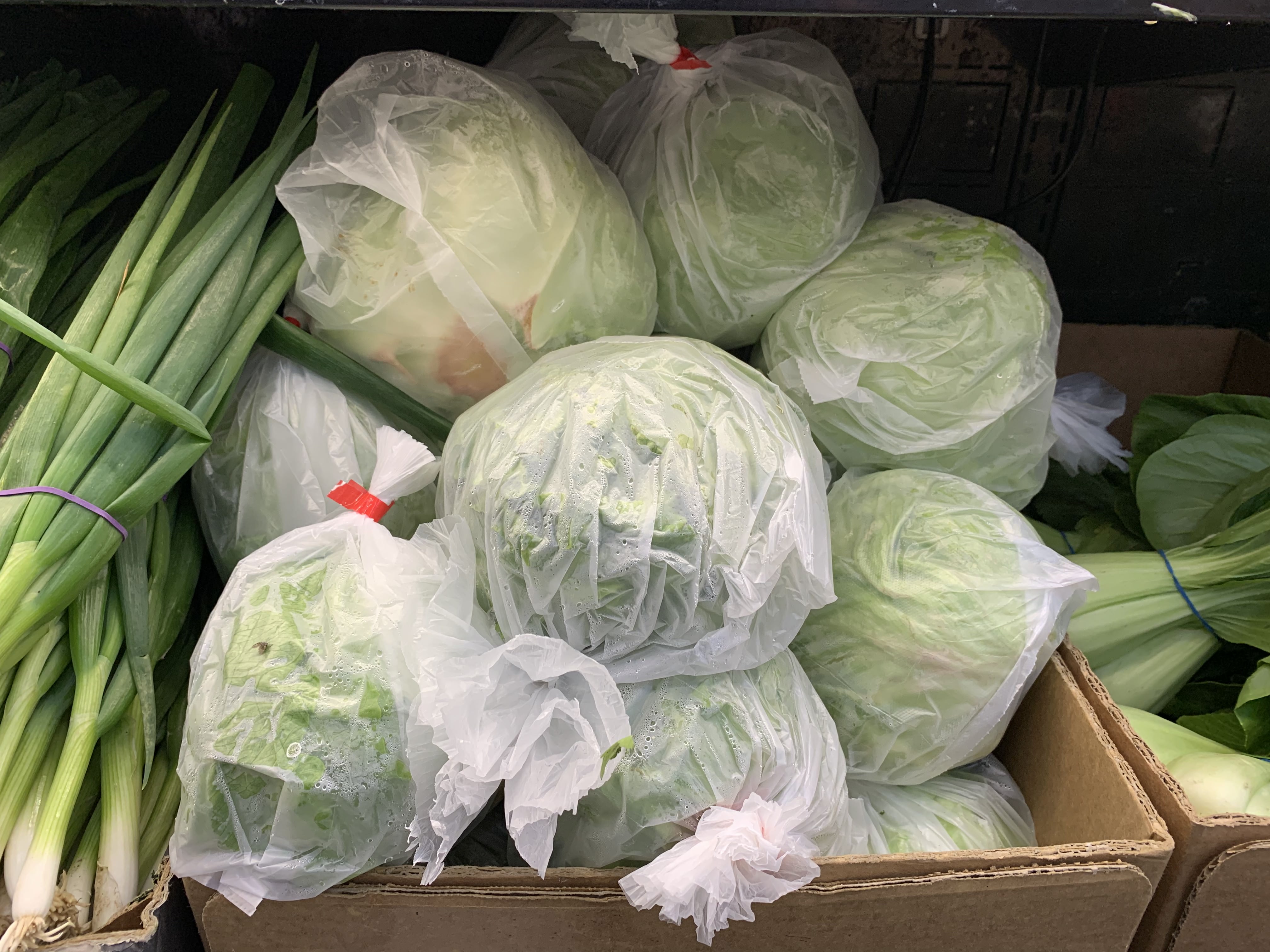 Lettuces wrapped in plastic bags at an Asian grocery story. 