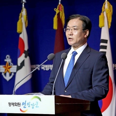 South Korea's Defense Ministry spokesman Moon Sang-Kyun speaks during a press conference at the Defense Ministry in Seoul