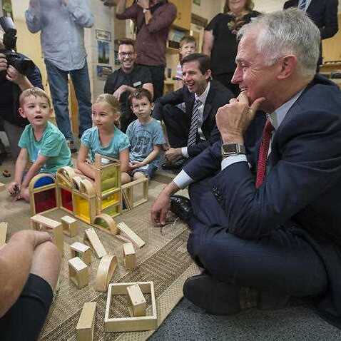 PM Malcolm Turnbull shares some creative playtime with child care children during his visit to Mooringe World of Learning Child Care Centre
