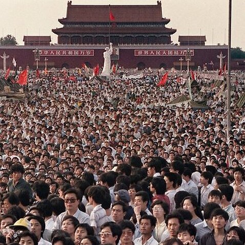 People gathered at Tiananmen Square during a pro-democracy protest in Beijing, in 1989