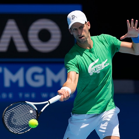 Novak Djokovic practices on Margaret Court Arena in Melbourne, Australia, Thursday, January 13, 2022.