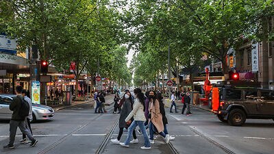 A general view of foot and car traffic on Swanston street on 29 October, 2021 in Melbourne. 